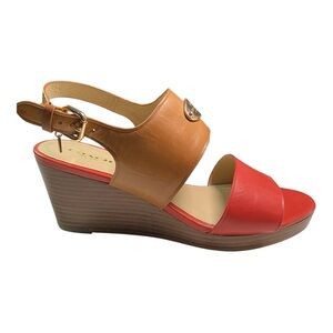 Coach Wedge Sandal Leather Size 8 Orange/ Tan Open Toe 3” Heel Like New Summer